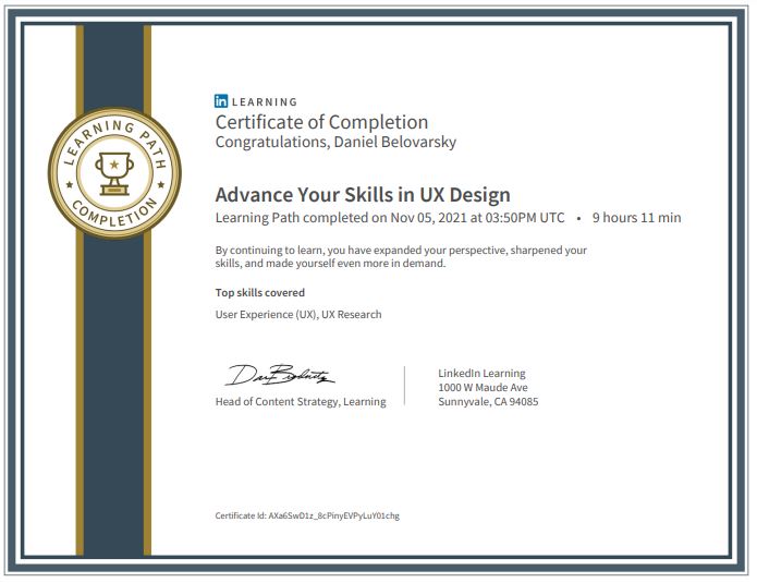 Advance Your Skills in UX Design Learning Path completed by Daniel Belovarsky (Даниел Беловарски)