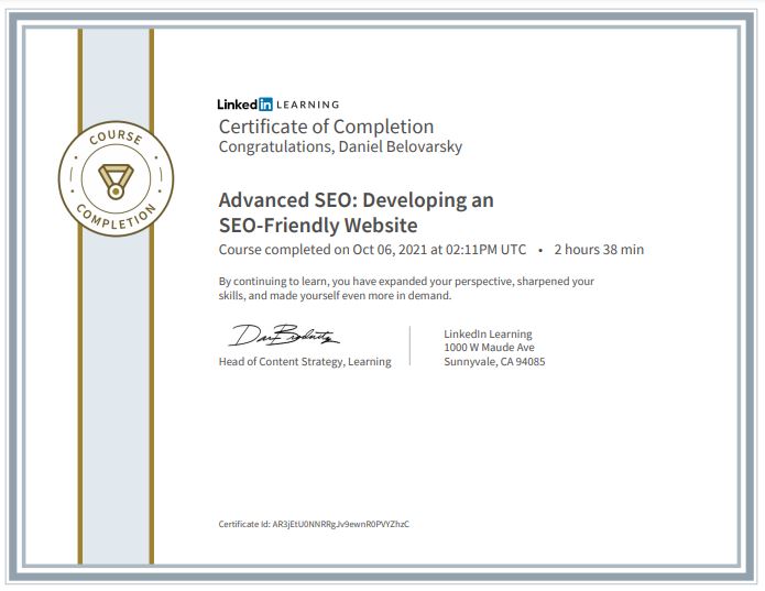 Advanced SEO Developing an SEO-Friendly Website Course completed by Daniel Belovarsky