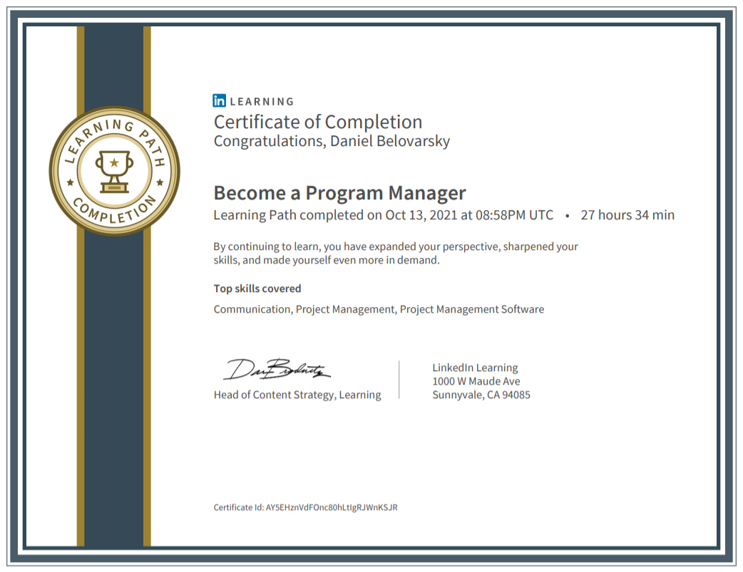 Become a Program Manager Learning Path completed by Daniel Belovarsky (Даниел Беловарски)