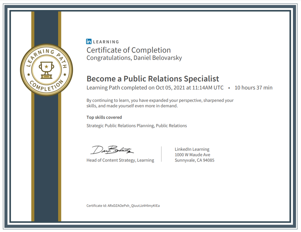 Become a Public Relations Specialist Learning Path completed by Daniel Belovarsky (Даниел Беловарски)
