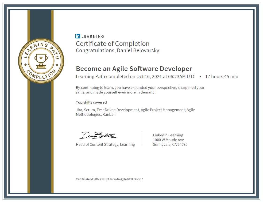 Become an Agile Software Developer Learning Path completed by Daniel Belovarsky (Даниел Беловарски)