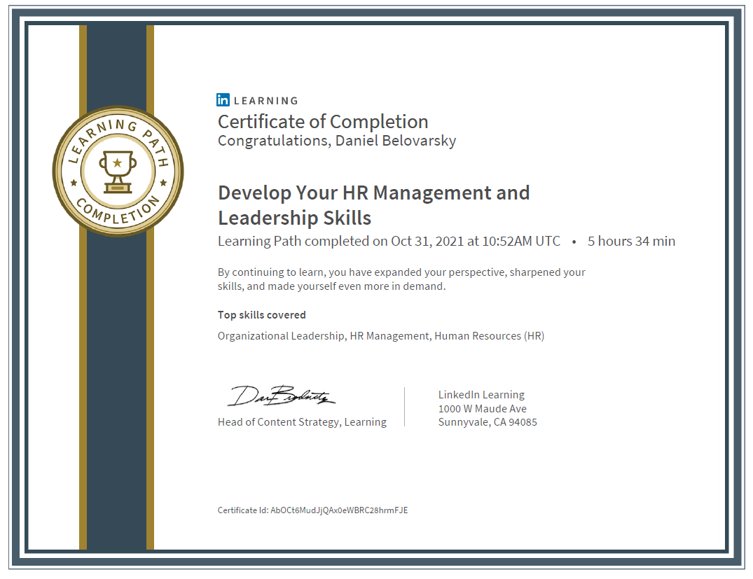 Develop Your HR Management and Leadership Skills Learning Path completed by Daniel Belovarsky (Даниел Беловарски)