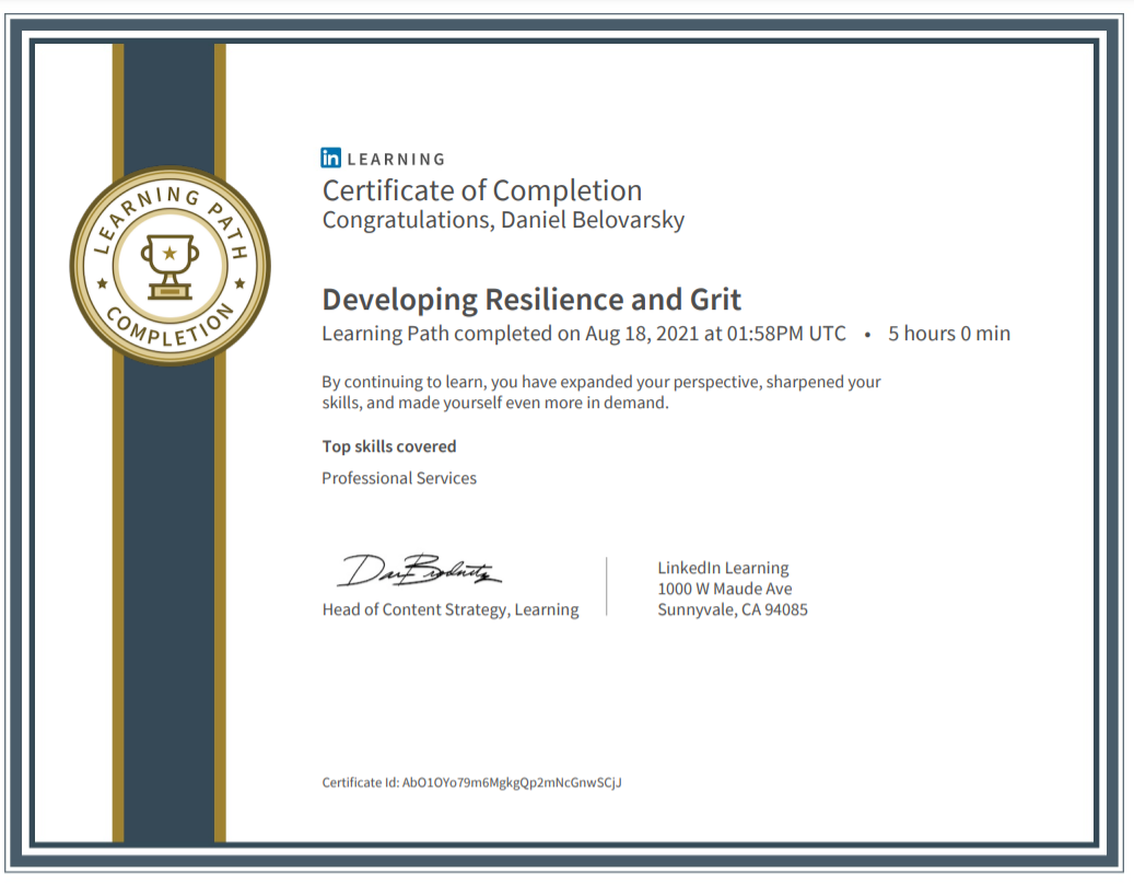 Developing Resilience and Grit Learning Path completed by Daniel Belovarsky (Даниел Беловарски)