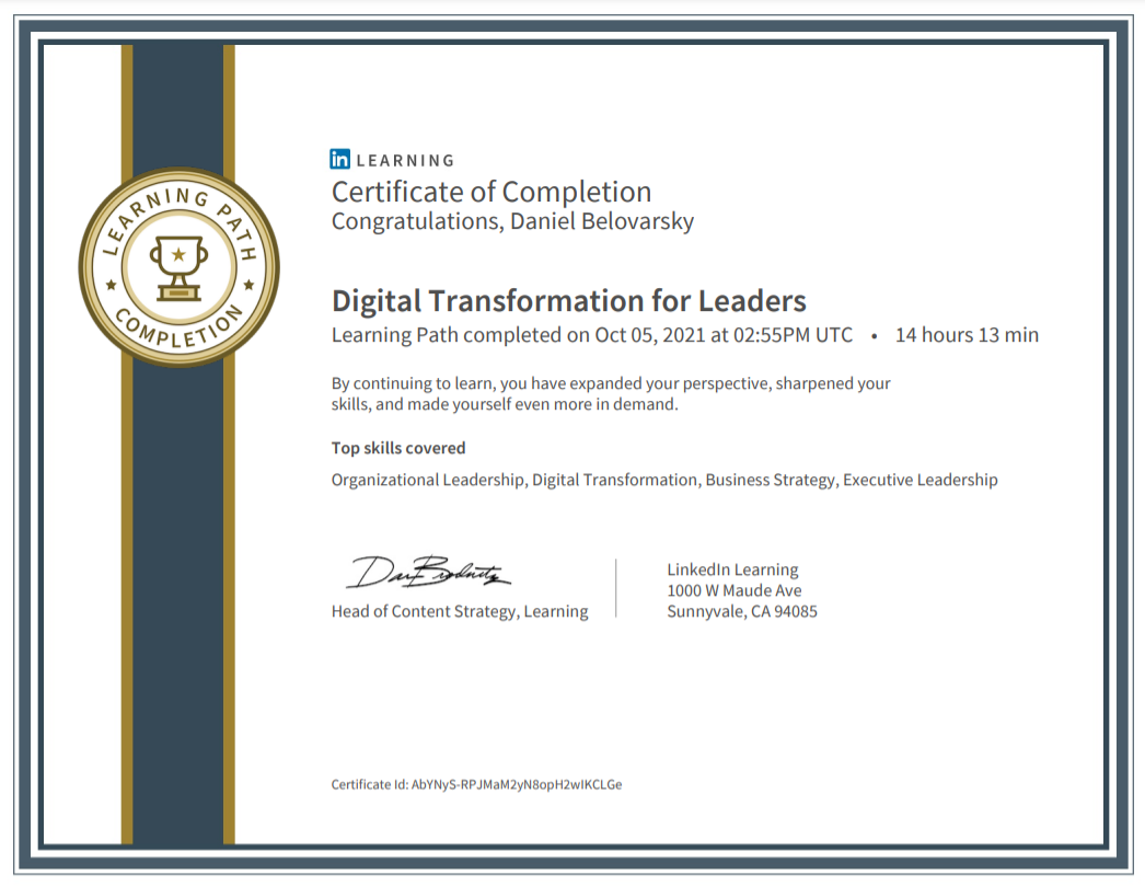 Digital Transformation for Leaders Learning Path completed by Daniel Belovarsky (Даниел Беловарски)