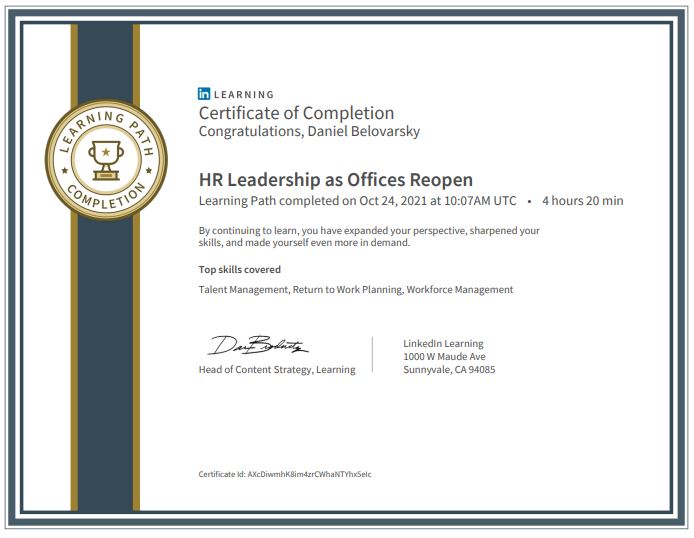 HR Leadership as Offices Reopen Learning Path Certificate completed by Daniel Belovarsky (Даниел Беловарски)