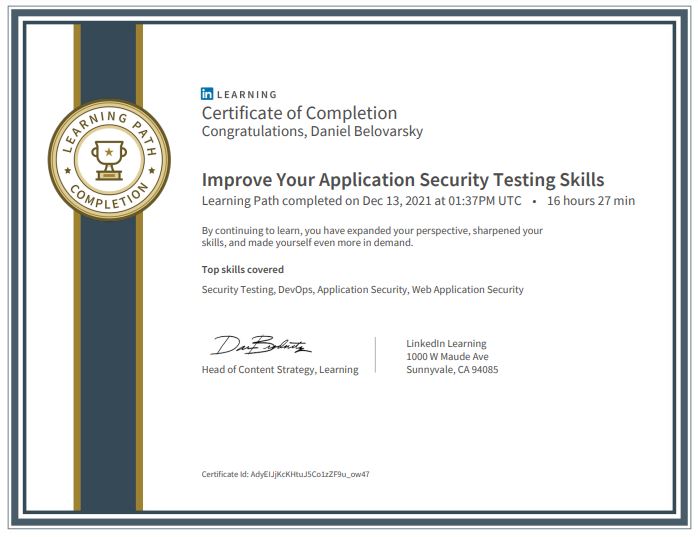 Improve Your Application Security Testing Skills Learning Path completed by Daniel Belovarsky (Даниел Беловарски)