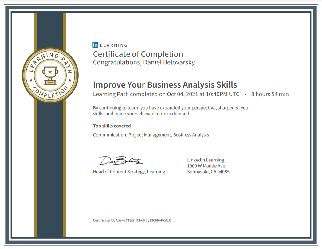 Improve Your Business Analysis Skills Learning Path completed by Daniel Belovarsky (Даниел Беловарски)