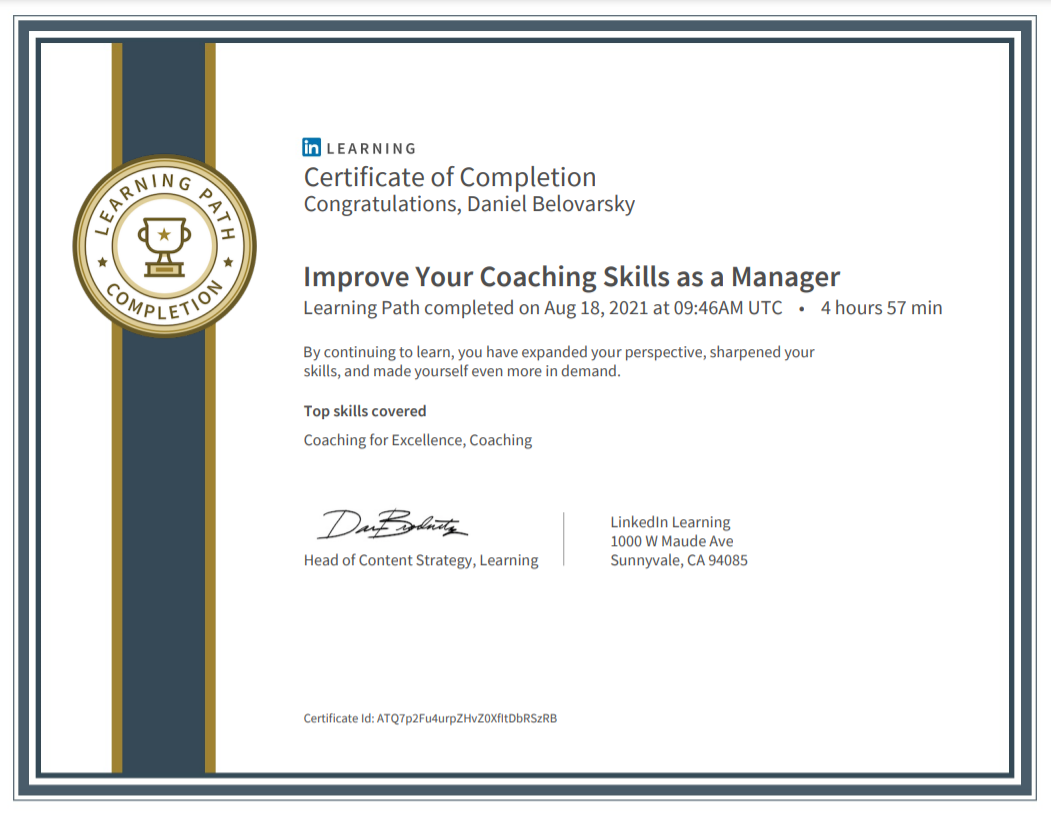 Improve Your Coaching Skills as a Manager Learning Path completed by Daniel Belovarsky (Даниел Беловарски)