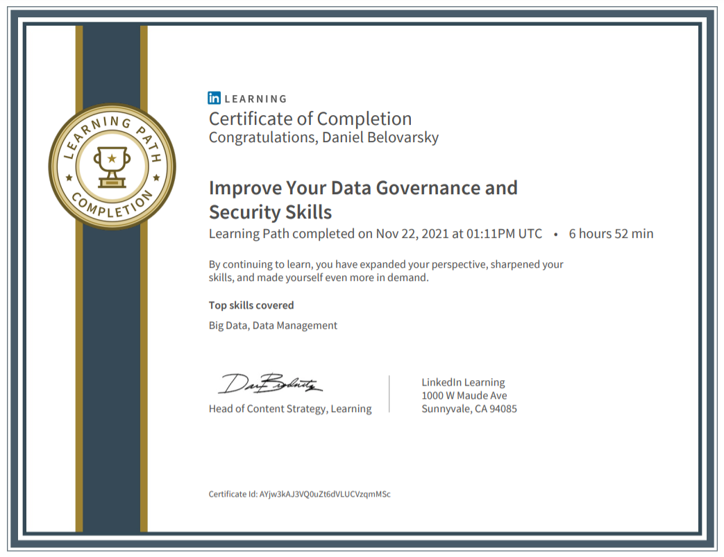 Improve Your Data Governance and Security Skill Learning Path completed by Daniel Belovarsky (Даниел Беловарски)