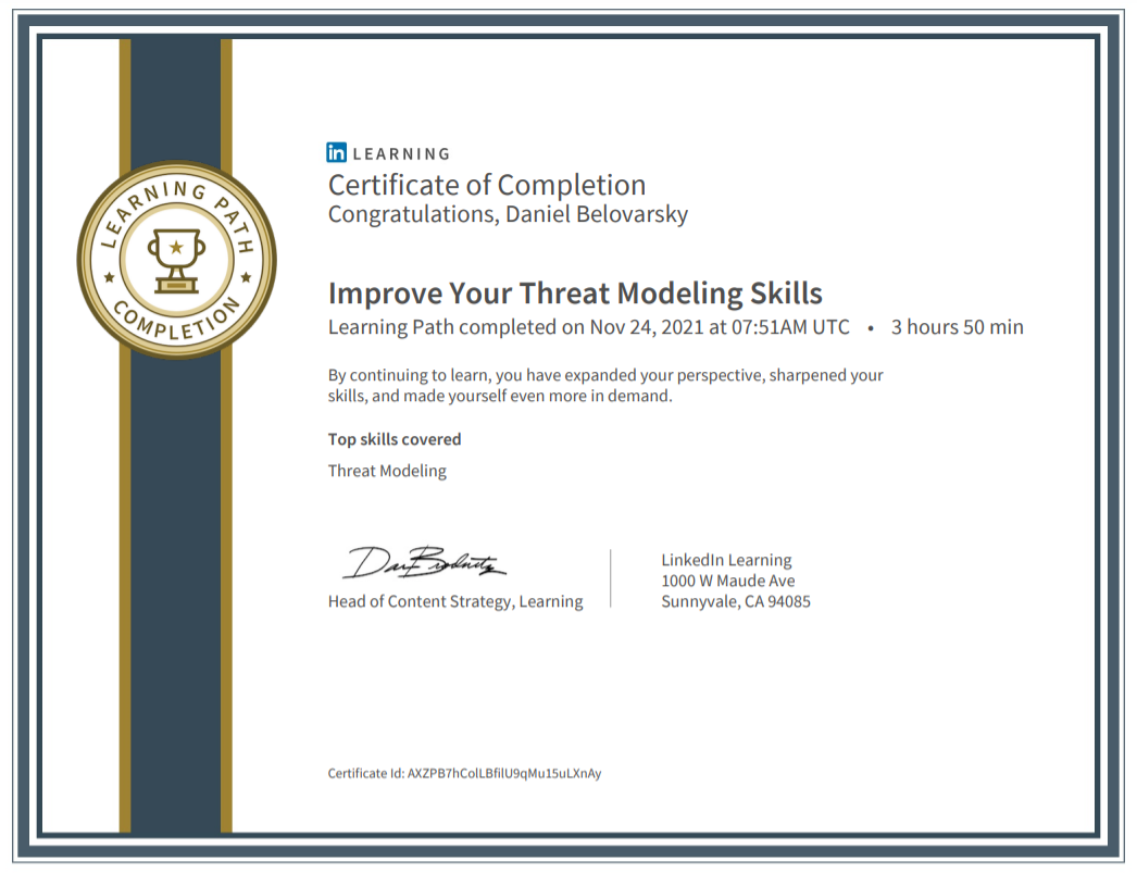 Improve Your Threat Modeling Skills Learning Path completed by Daniel Belovarsky (Даниел Беловарски)