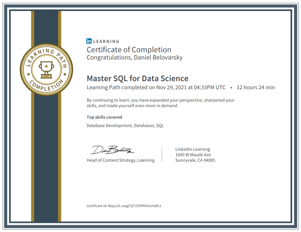 Master SQL for Data Science Learning Path Certificate completed by Daniel Belovarsky (Даниел Беловарски)