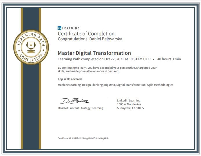 Master Digital Transformation Learning Path Certificate completed by Daniel Belovarsky (Даниел Беловарски)