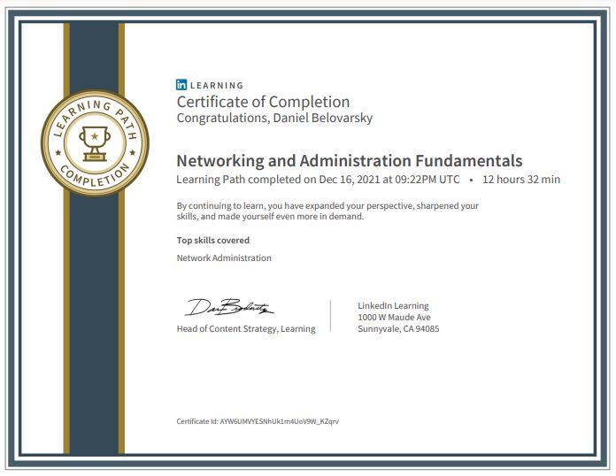 Networking and Administration Fundamentals Learning Path completed by Daniel Belovarsky (Даниел Беловарски)
