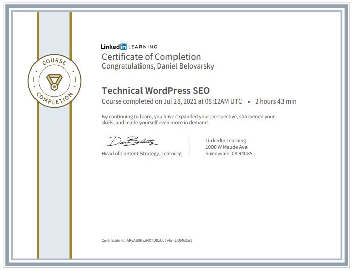 Technical WordPress SEO Course completed by Daniel Belovarsky