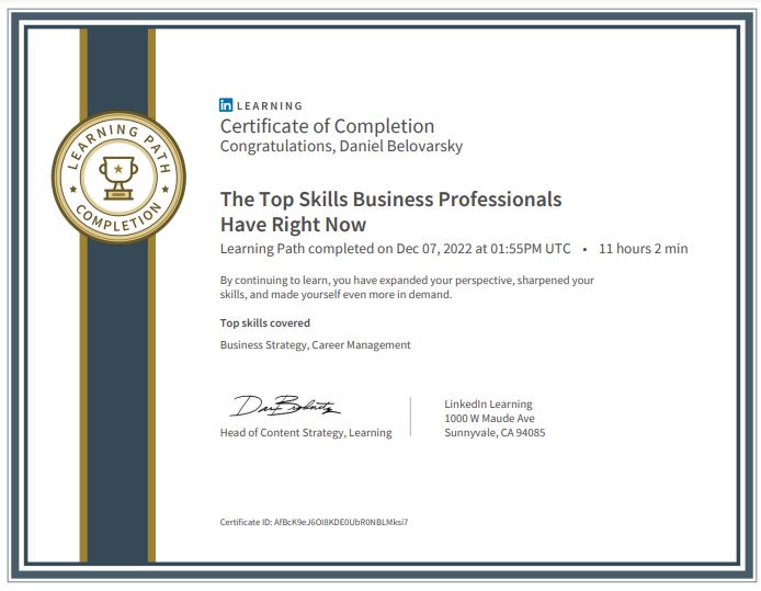 The Top Skills Business Professionals Have Right Now Learning Path completed by Daniel Belovarsky (Даниел Беловарски)